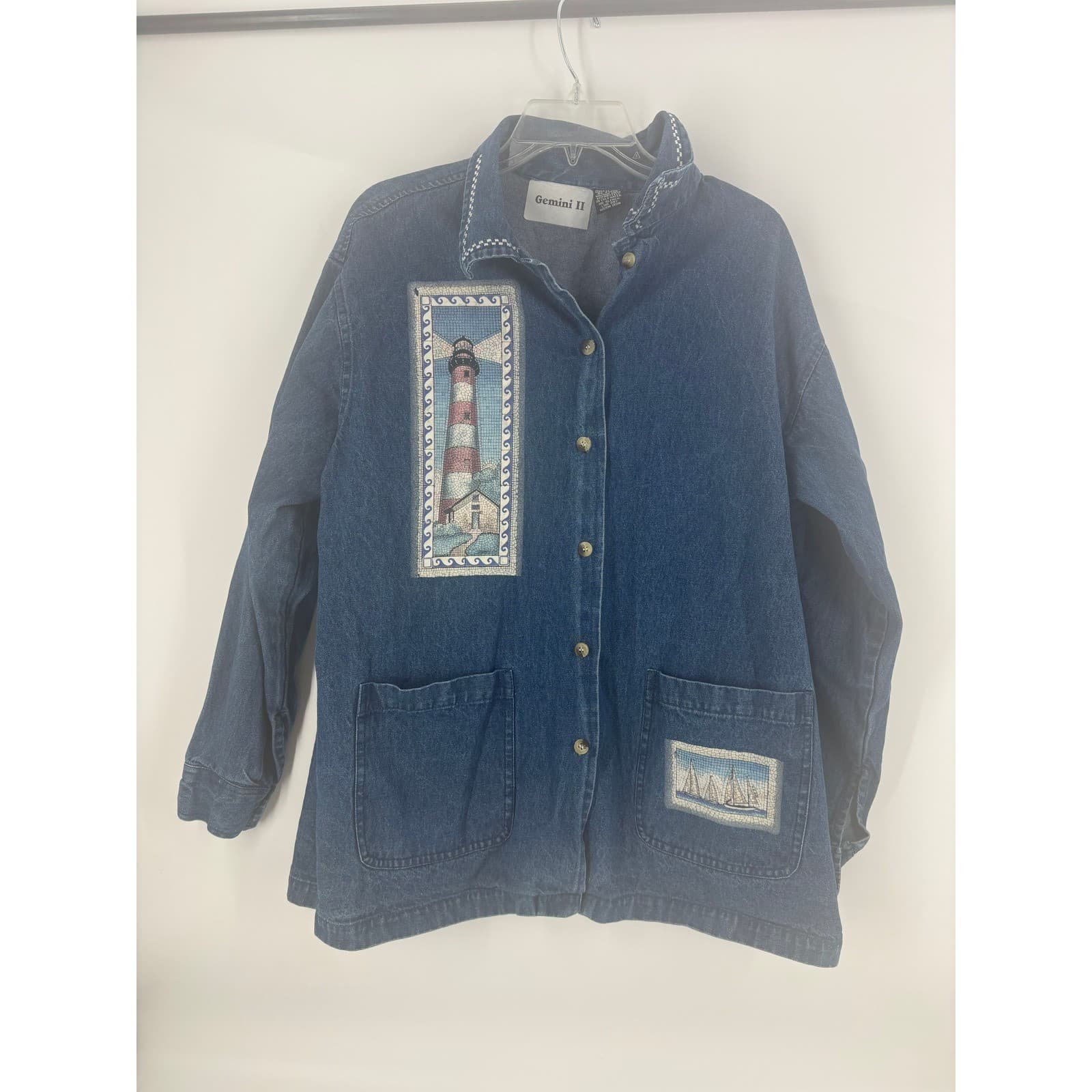 Gemini II Denim Jacket Lighthouse Sailboat Embroidered Nautical Blue Size M