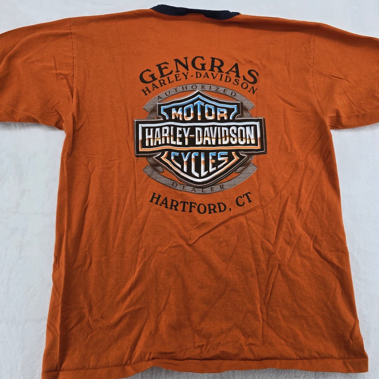 Harley-Davidson T-Shirt Mens Large Tee Orange Gengras Hartford CT Graphic 6865