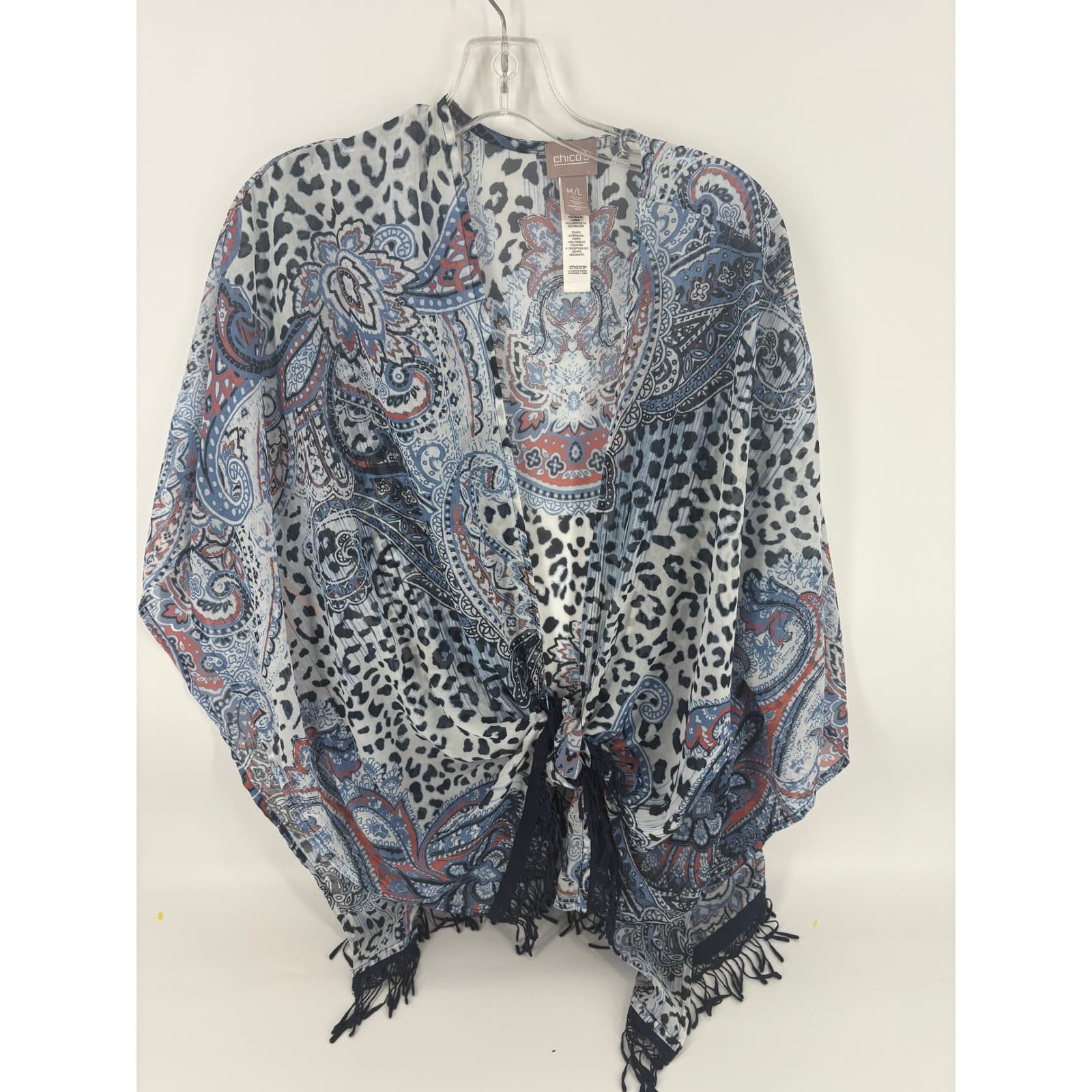 Chicos Kimono Topper M/L Paisley Leopard Fringe Blue Red Bohemian Festival