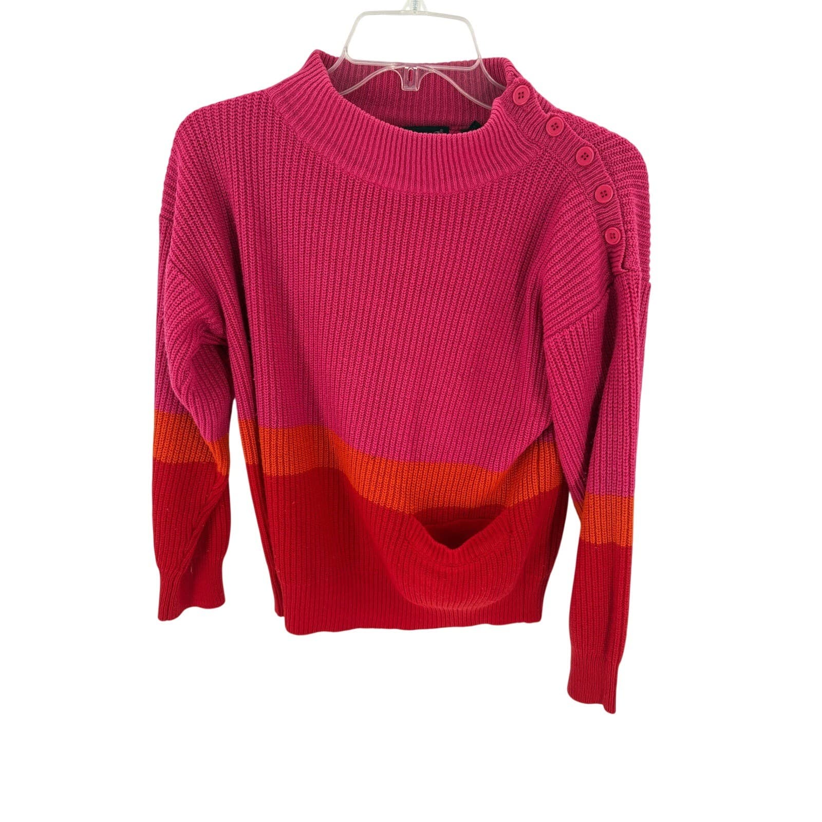 Nathalie B Striped Mock Neck Button Shoulder Sweater Pink Orange Red Size S