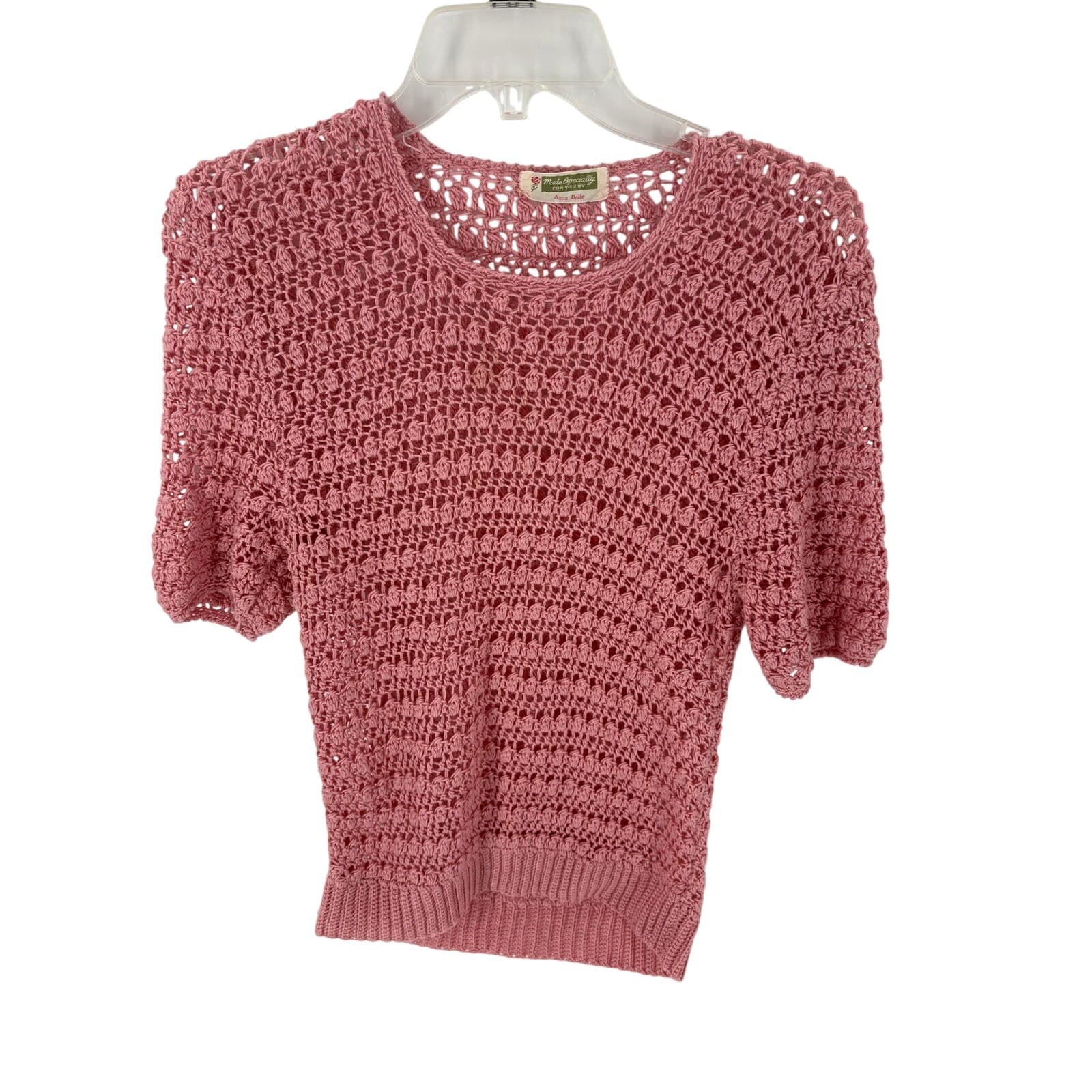 Anna Belle Sweater Vintage Pink Crochet Knit Short Sleeve Top Women's Size M