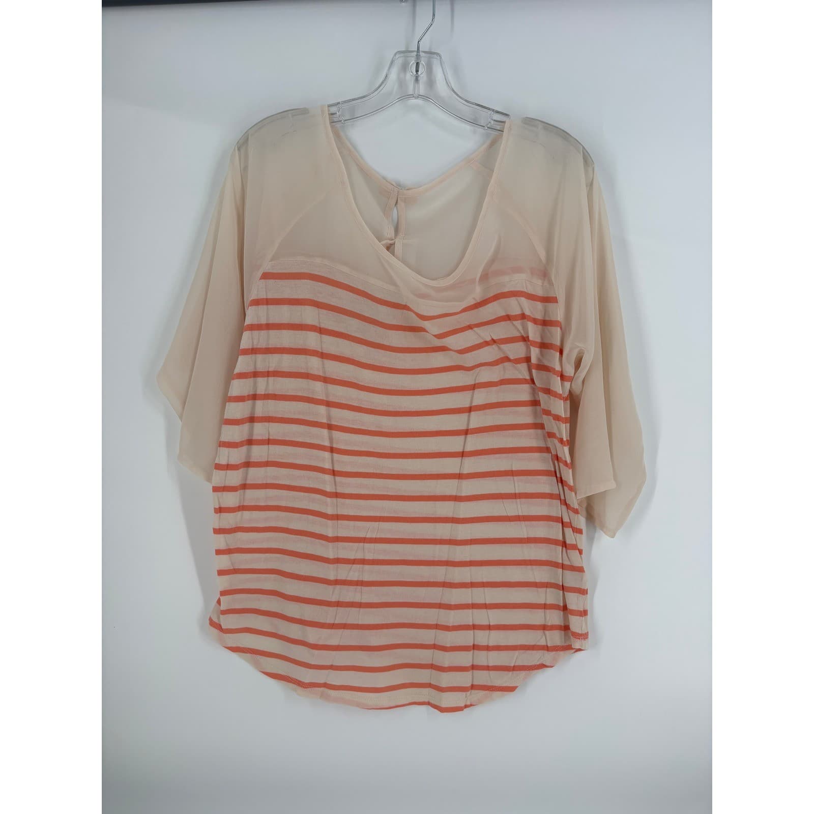 Lauren Conrad Striped Sheer Sleeve Top Blouse Coral Cream Women's Size L