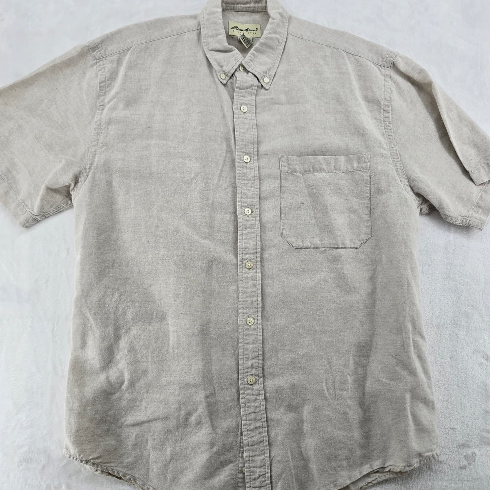 Eddie Bauer Shirt Mens M Short Sleeve Button Down Beige Linen Cotton Blend