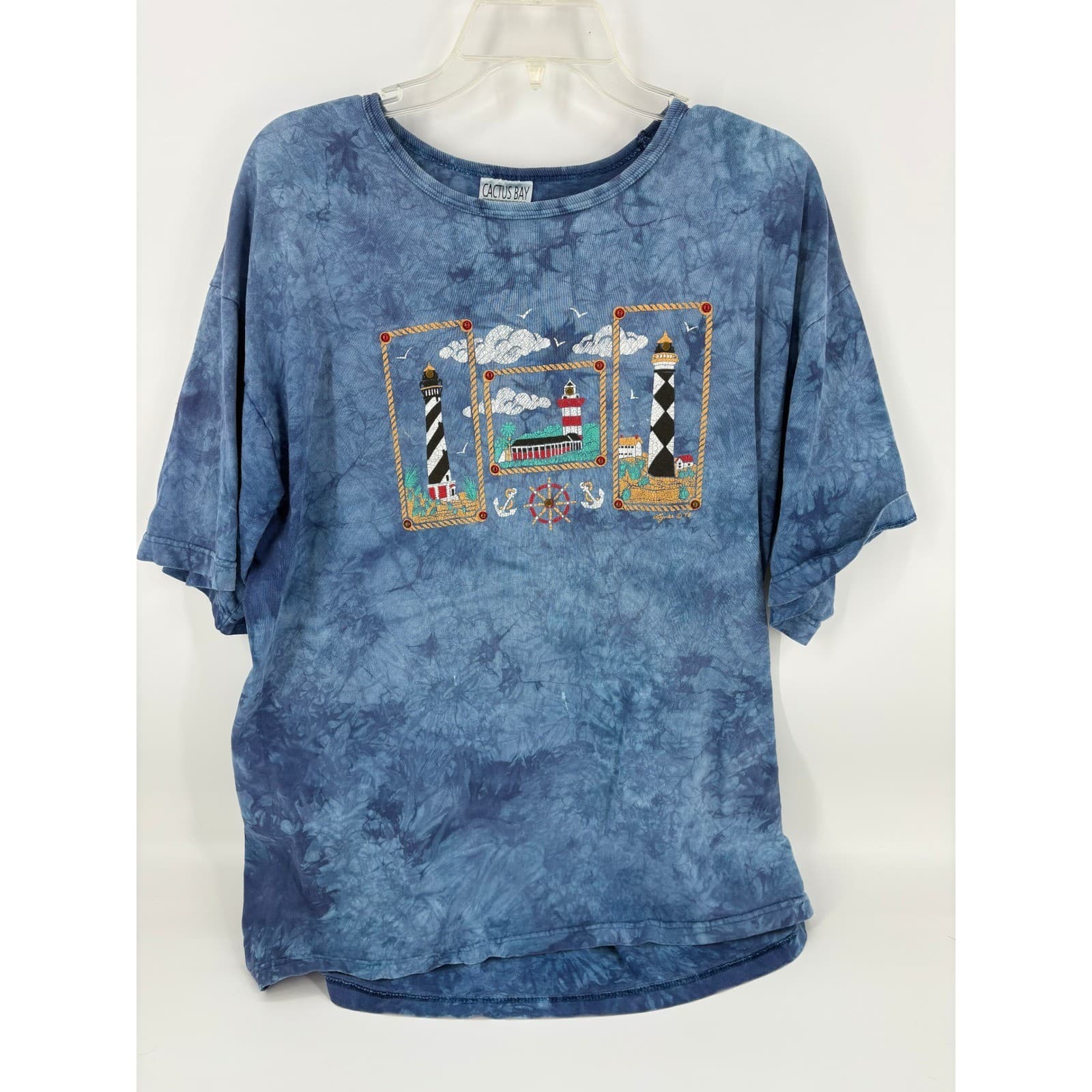 Cactus Bay Apparel by Lynée Tie Dye Nautical Lighthouse Embroidered T-Shirt