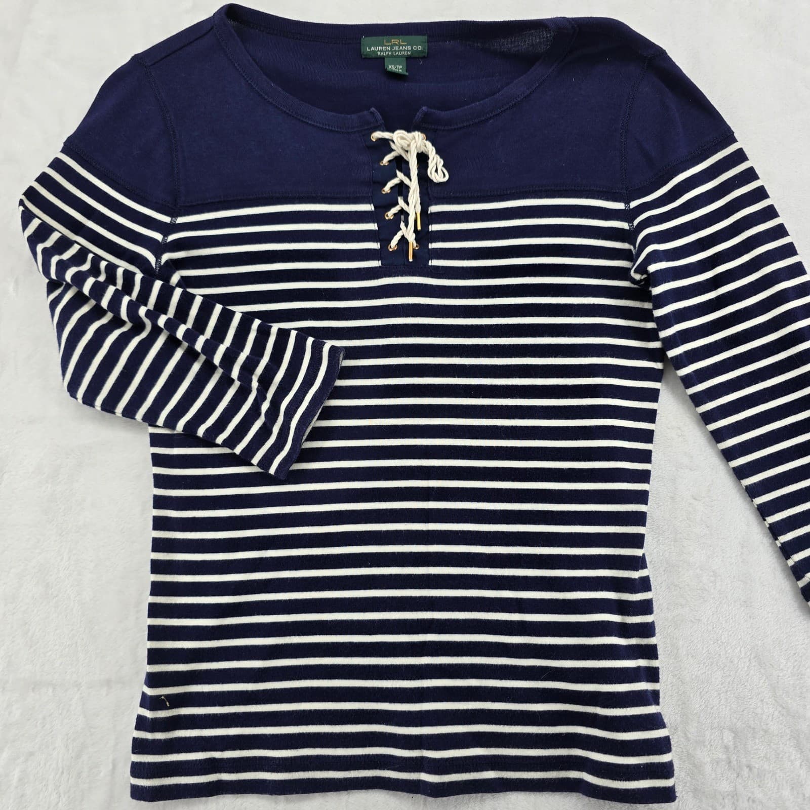 Lauren Jeans Co Ralph Top Womens XS Shirt Navy Blue Striped Lace Up Cotton