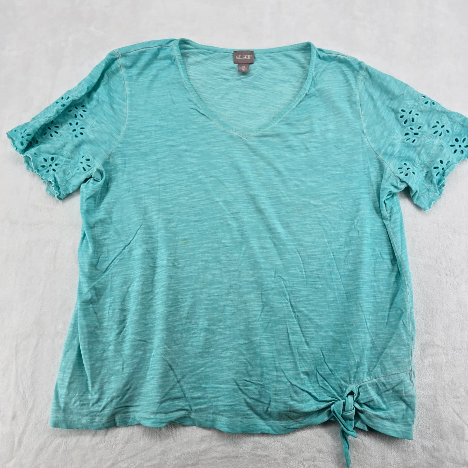 Chico's Top Womens 3 Tee Teal Eyelet Sleeve Side Tie V-Neck Slub Cotton 6759