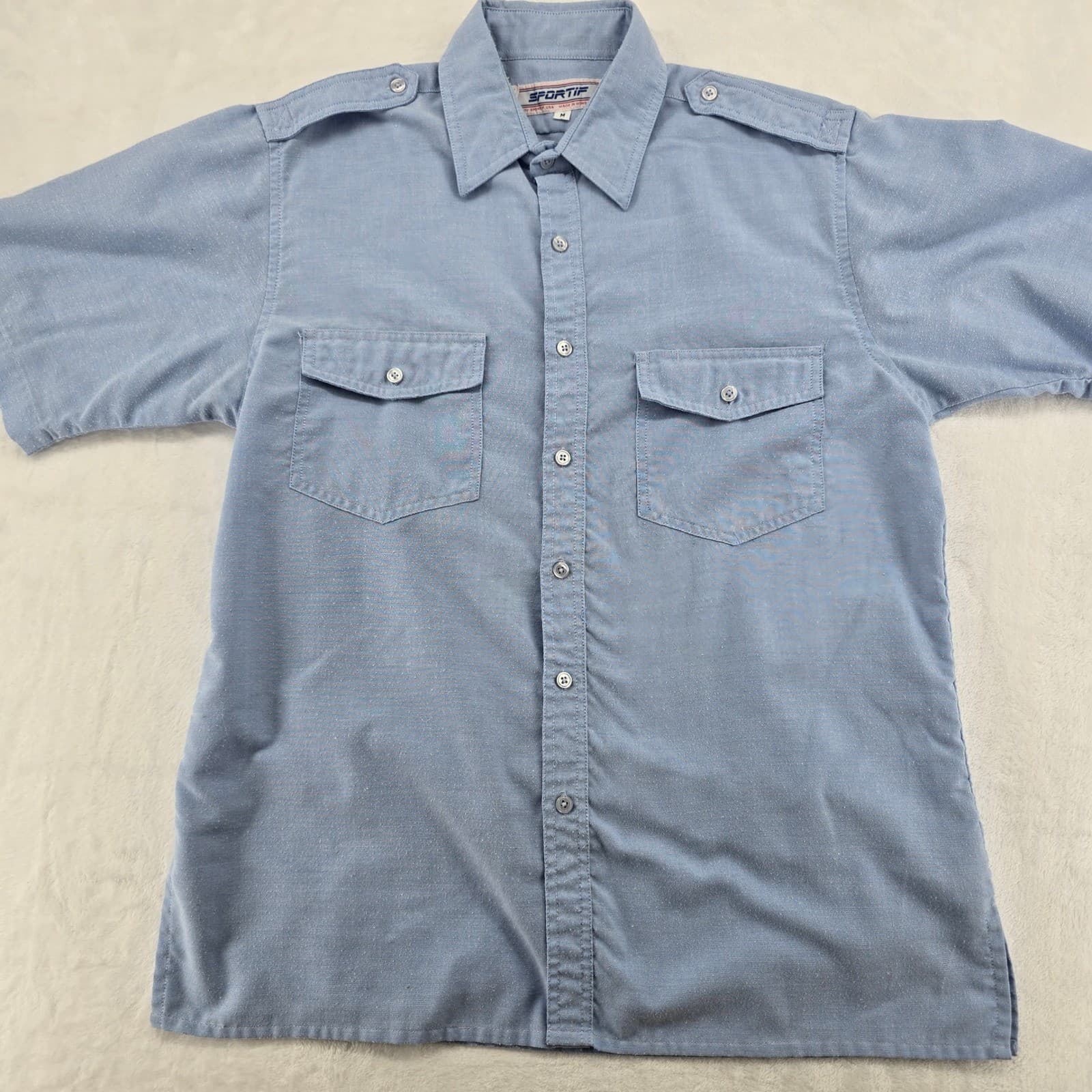 Sportif USA Button Up Mens M Shirt Blue Short Sleeve Safari Epaulets