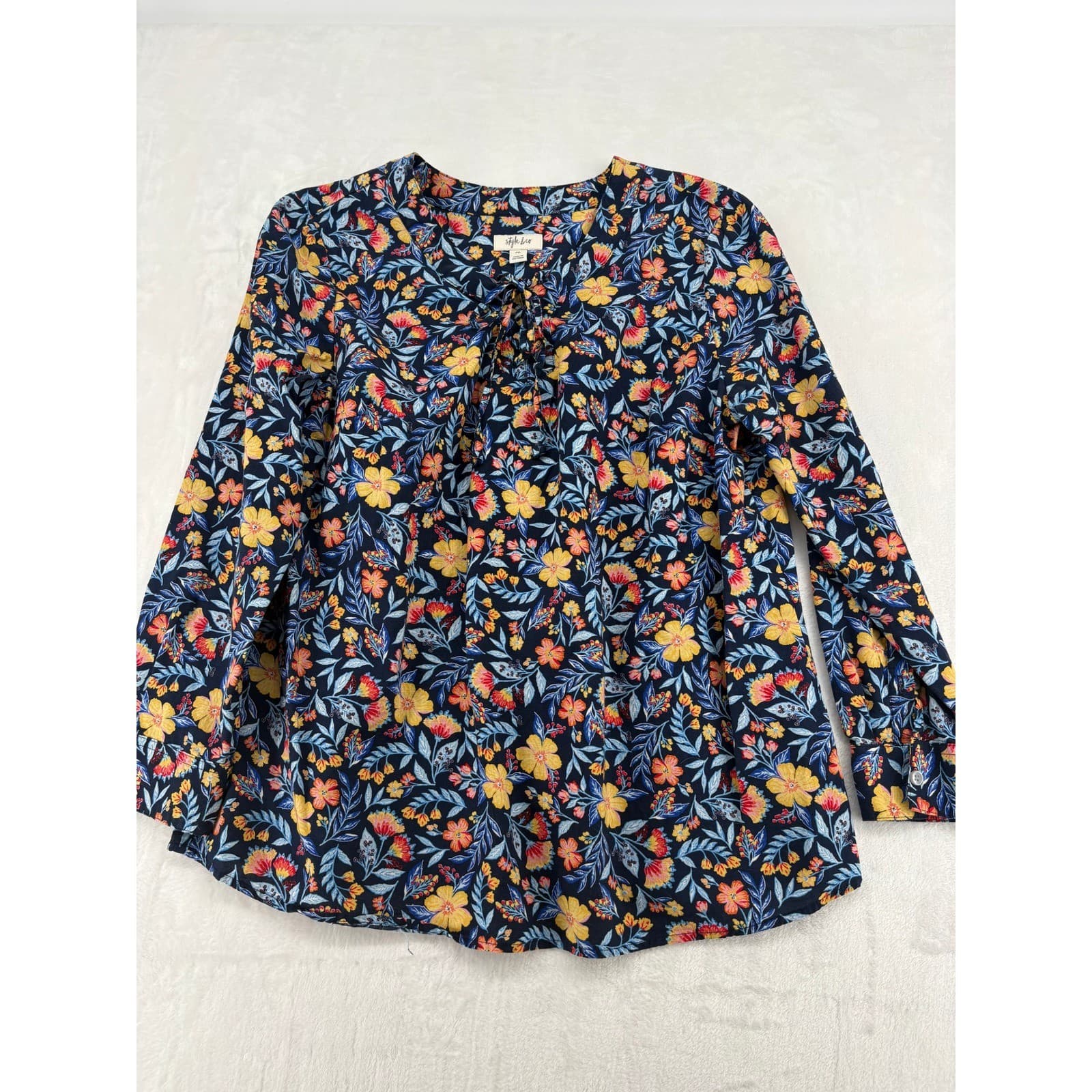 Style & Co Blouse Womens PXL Top Navy Blue Floral Cotton Long Sleeve Tie Neck