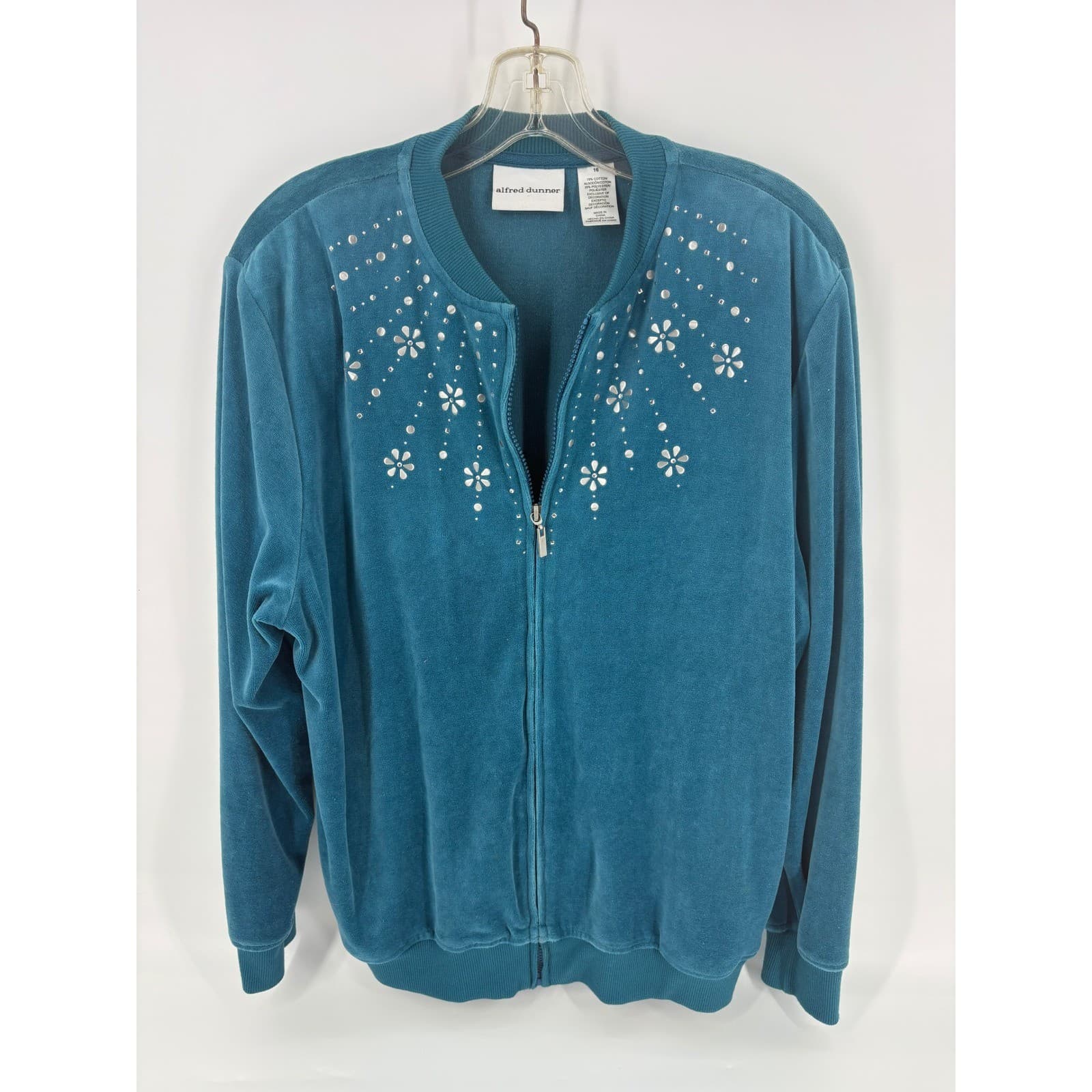 Alfred Dunner Womens Jacket Size 16 Blue Velour Floral Rhinestone Zip Up