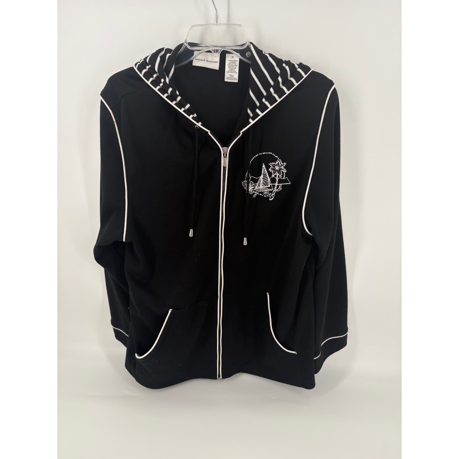 Alfred Dunner Womens Size 16 Black Striped Hooded Full Zip Jacket