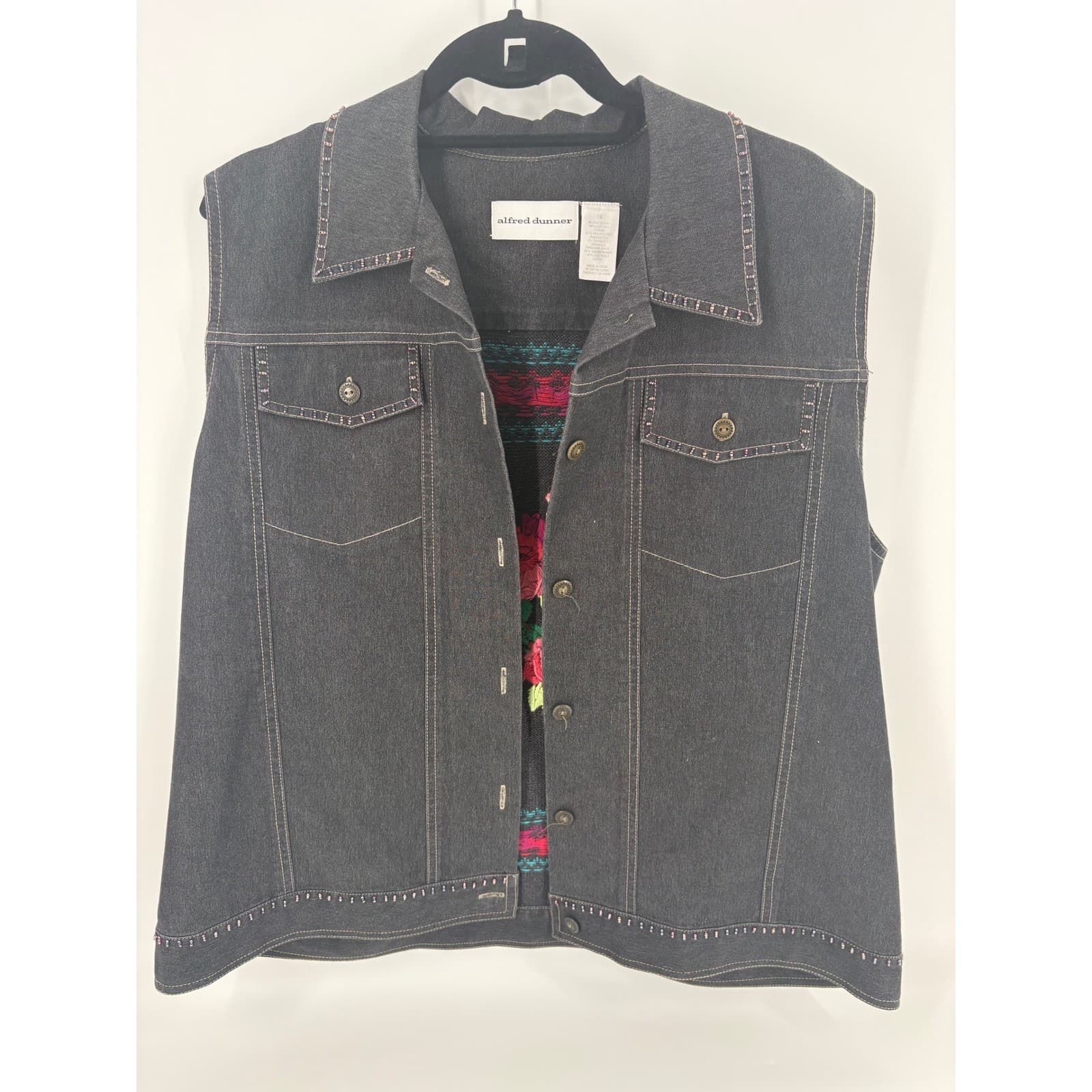Alfred Dunner Vest Black Denim Floral Embroidered Sleeveless Jacket Medium
