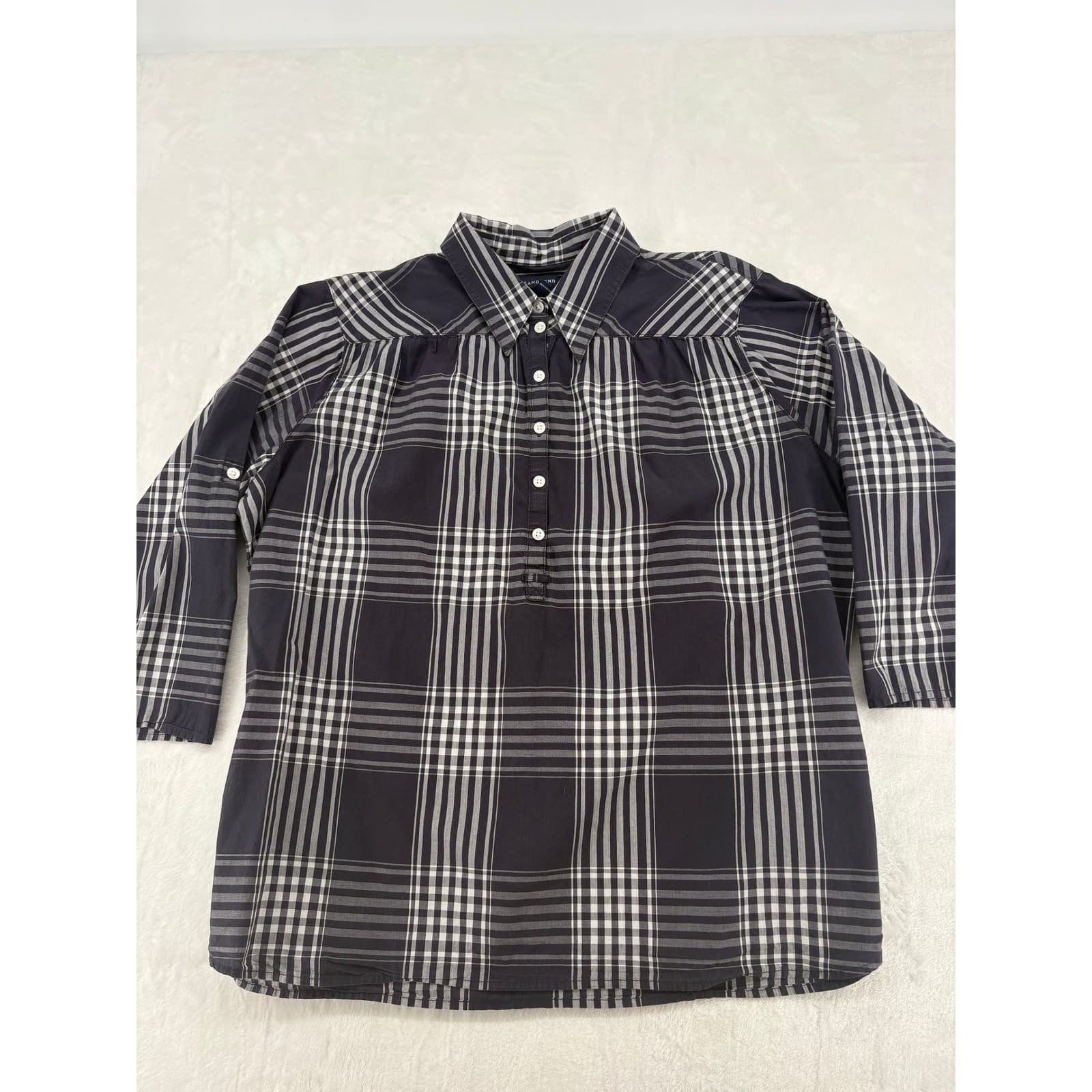 Lands End Top Womens L/P Blouse Navy Blue Plaid Popover 3/4 Sleeve Cotton 6474