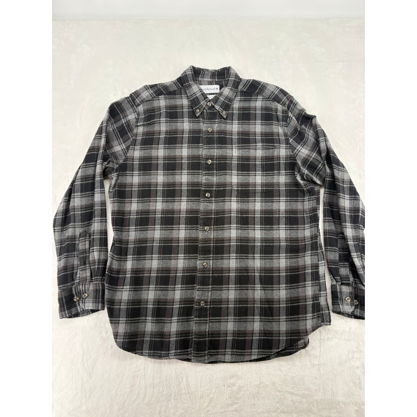 Saddlebred Flannel Shirt Mens L Button Down Black Gray Plaid Classic Fit Cotton