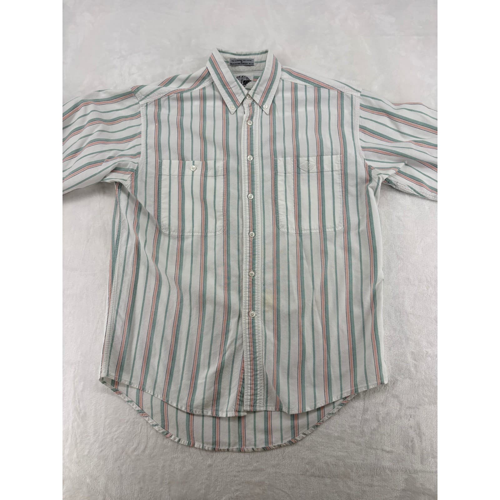 Dockers Shirt Mens M Short Sleeve Button Down White Green Pink Striped Cotton