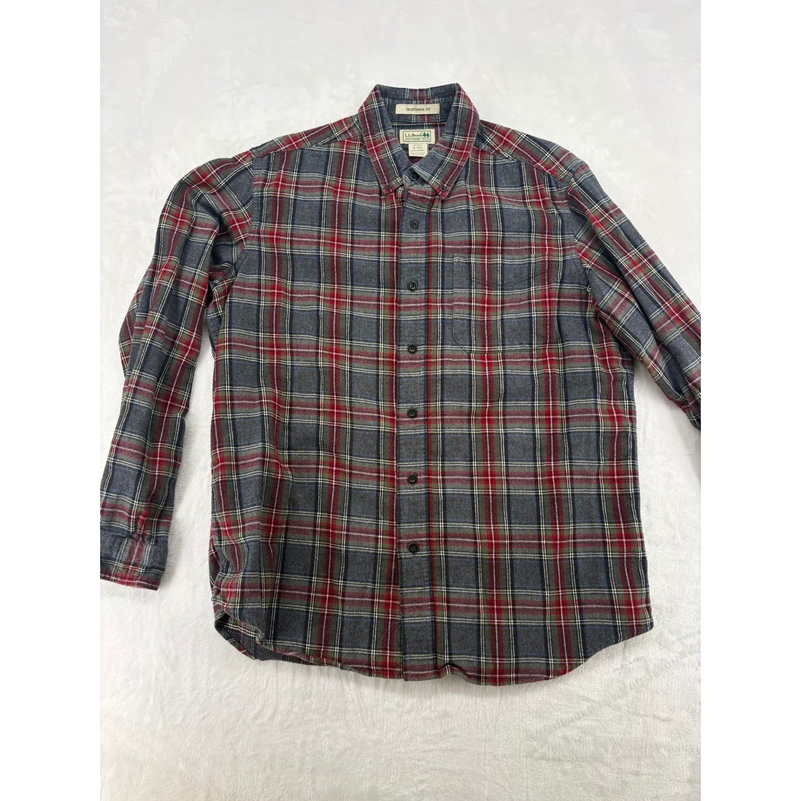 L.L. Bean Flannel Shirt Mens Medium Shirt Grey Red Plaid Traditional Fit 228061