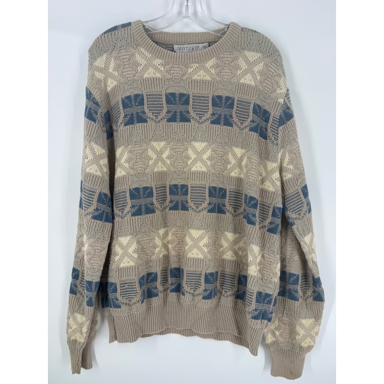 JANTZEN Mens Beige Blue Geometric Knit Sweater Pullover Made USA Size L