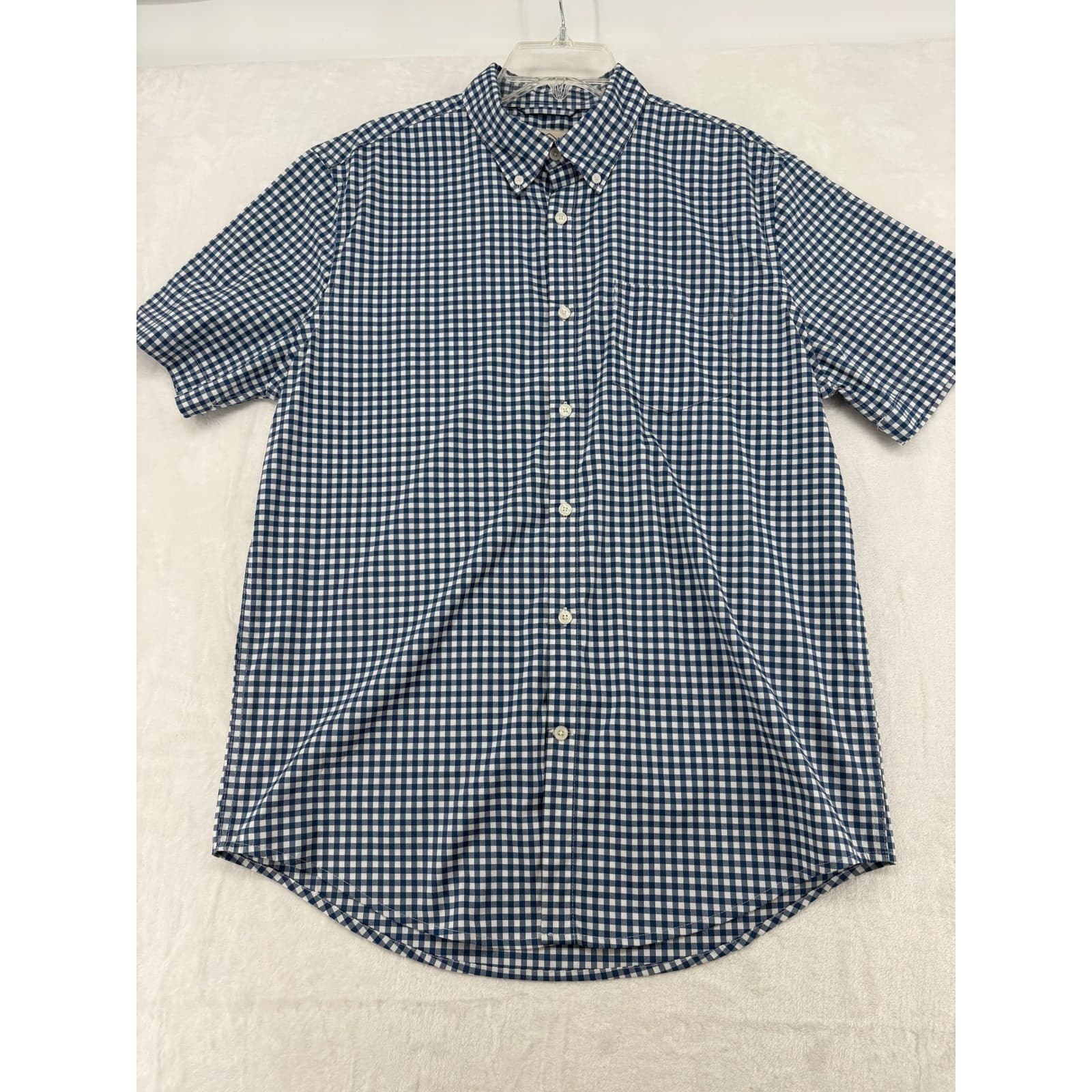 St. John's Bay Shirt Mens Medium Button Down Blue Gingham Short Sleeve Stretch