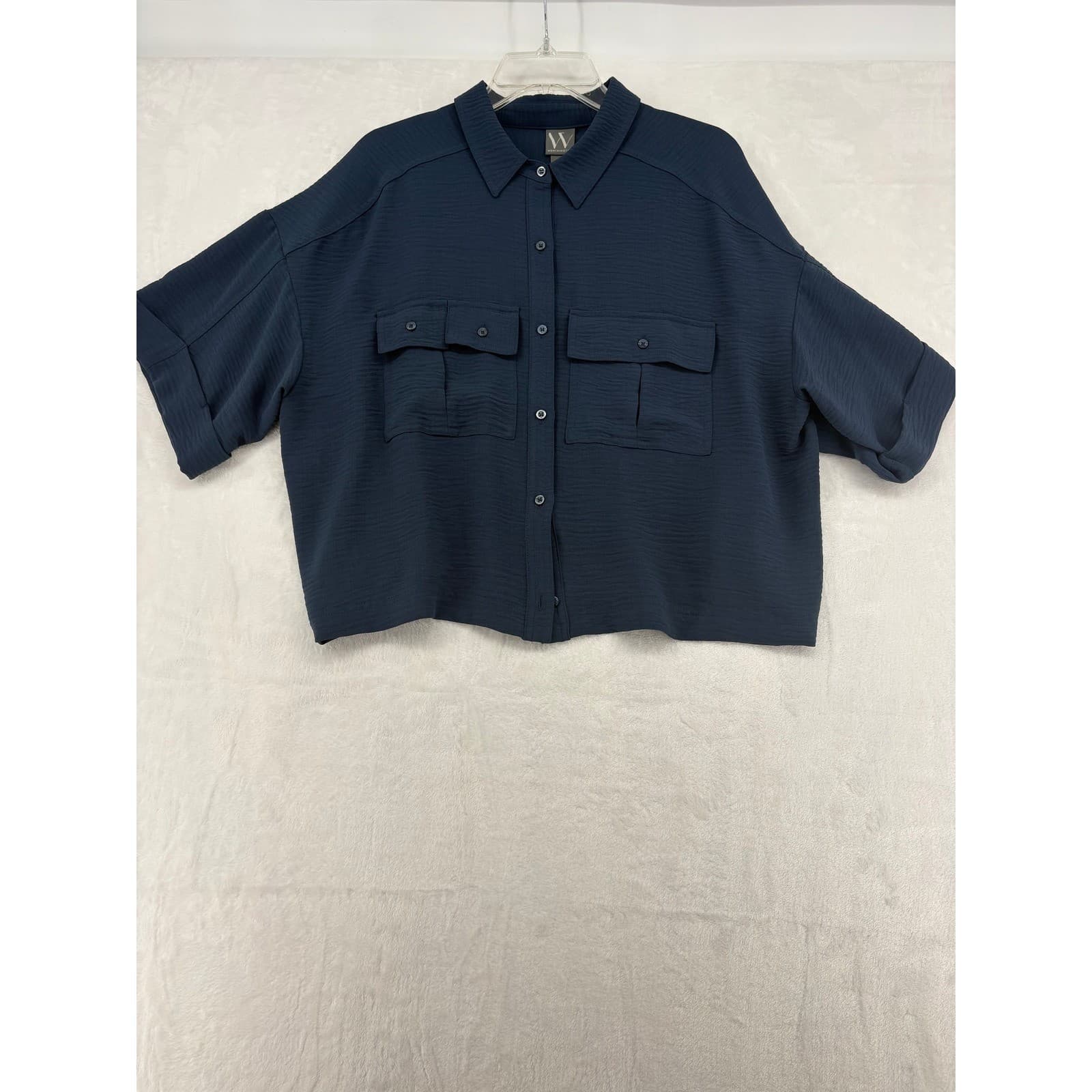 Worthington Button Front Womens PXL Shirt Navy Blue Cropped Short Sleeve Pockets