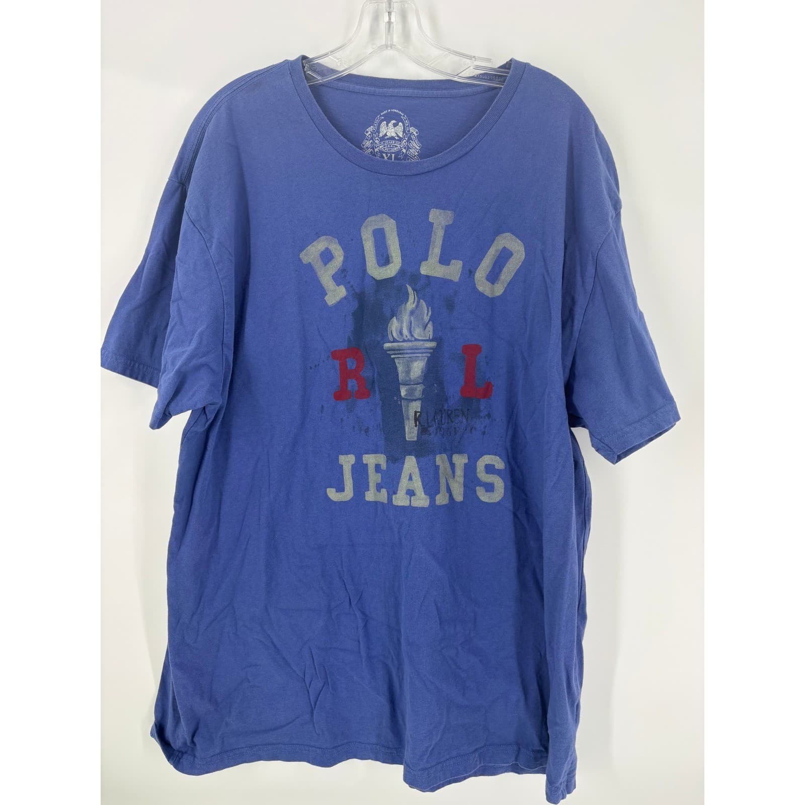 Polo Jeans Co Ralph Lauren Mens XL Blue Graphic T Shirt Torch Spell Out Cotton