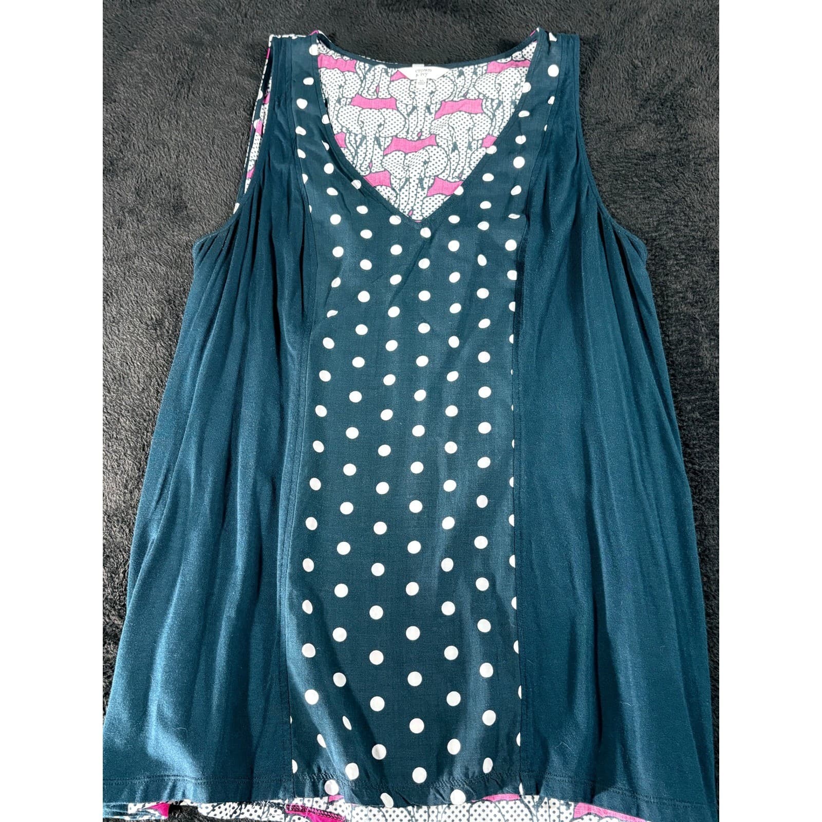 Crown & Ivy XL Sleeveless Tank Top Blue White Polka Dot Elephant Print