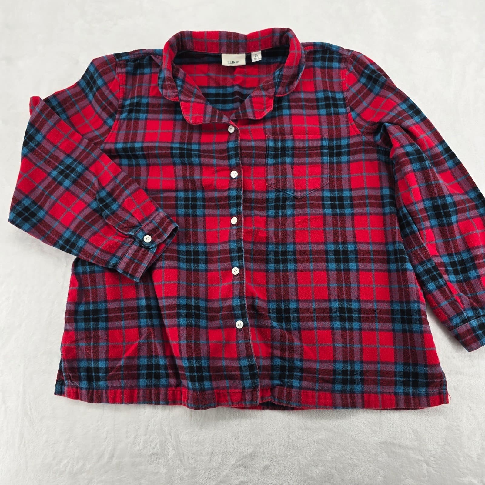 L.L. Bean Flannel Shirt Mens XL Pet Button Down Red Blue Plaid Pajama Top