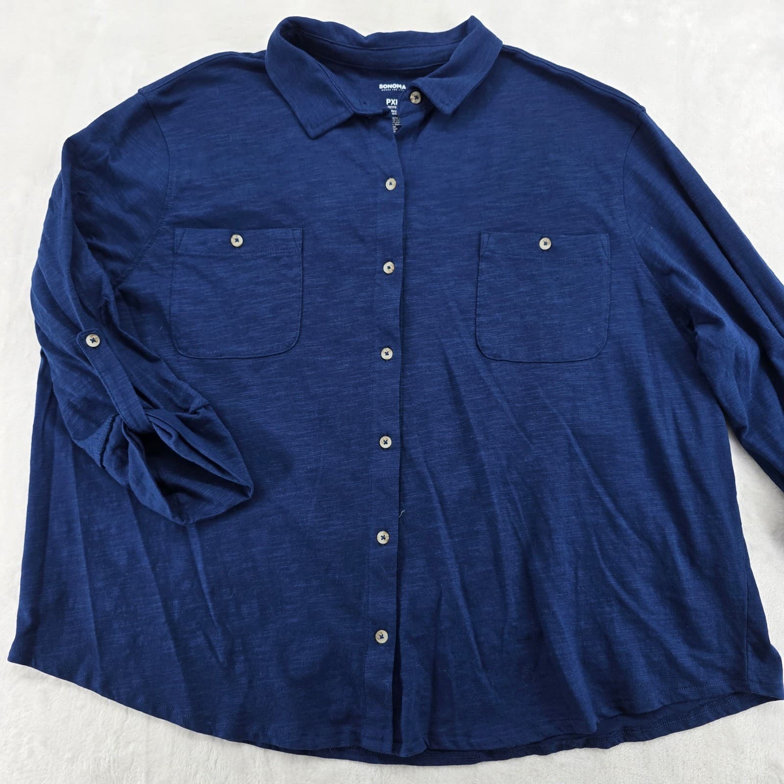 Sonoma Button Down Womens PXL Shirt Navy Blue Roll Tab Sleeve Slub Knit 6931