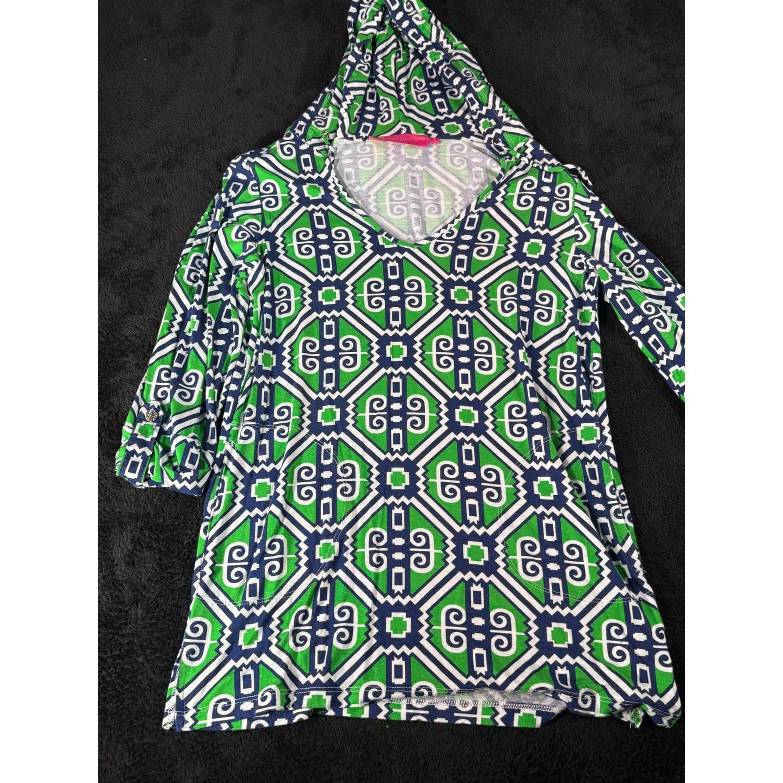MacBeth Collection XS Green Blue White Geometric Hooded Dress