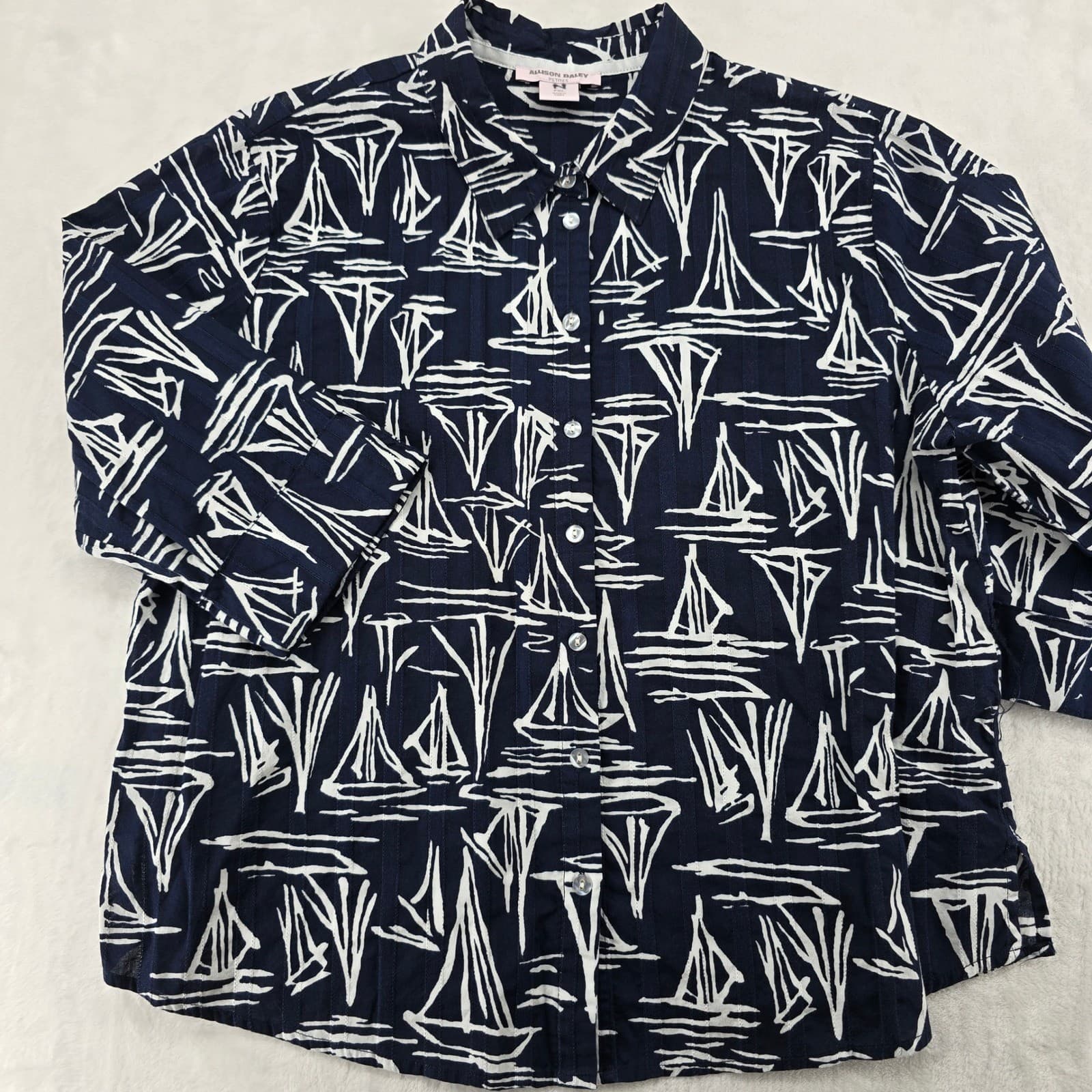 Allison Daley Shirt Womens PXL Button Down Navy White Nautical Sailboat Print