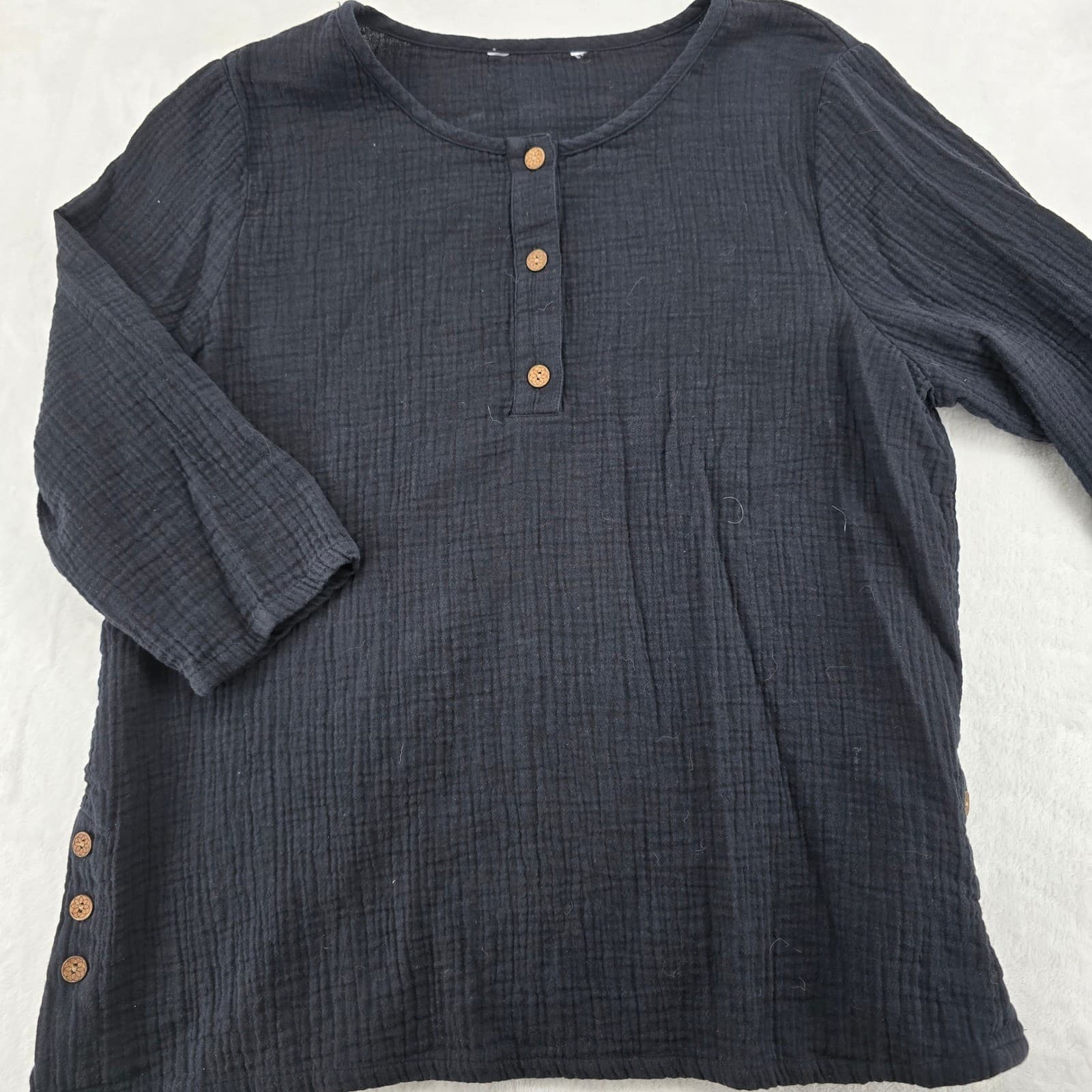 Unbranded Henley Top Womens XL Black Cotton Gauze 3/4 Sleeve Button Side