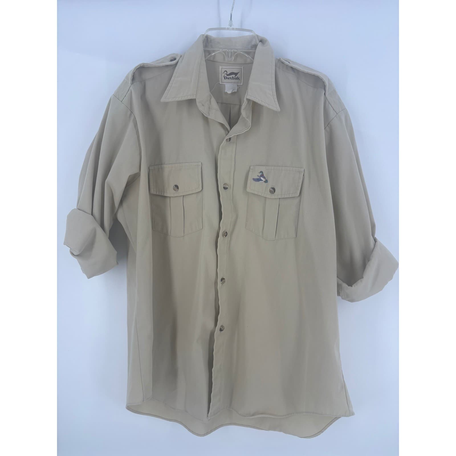 Duxbak Mens Beige Button Up Long Sleeve Shirt Embroidered Duck Pockets