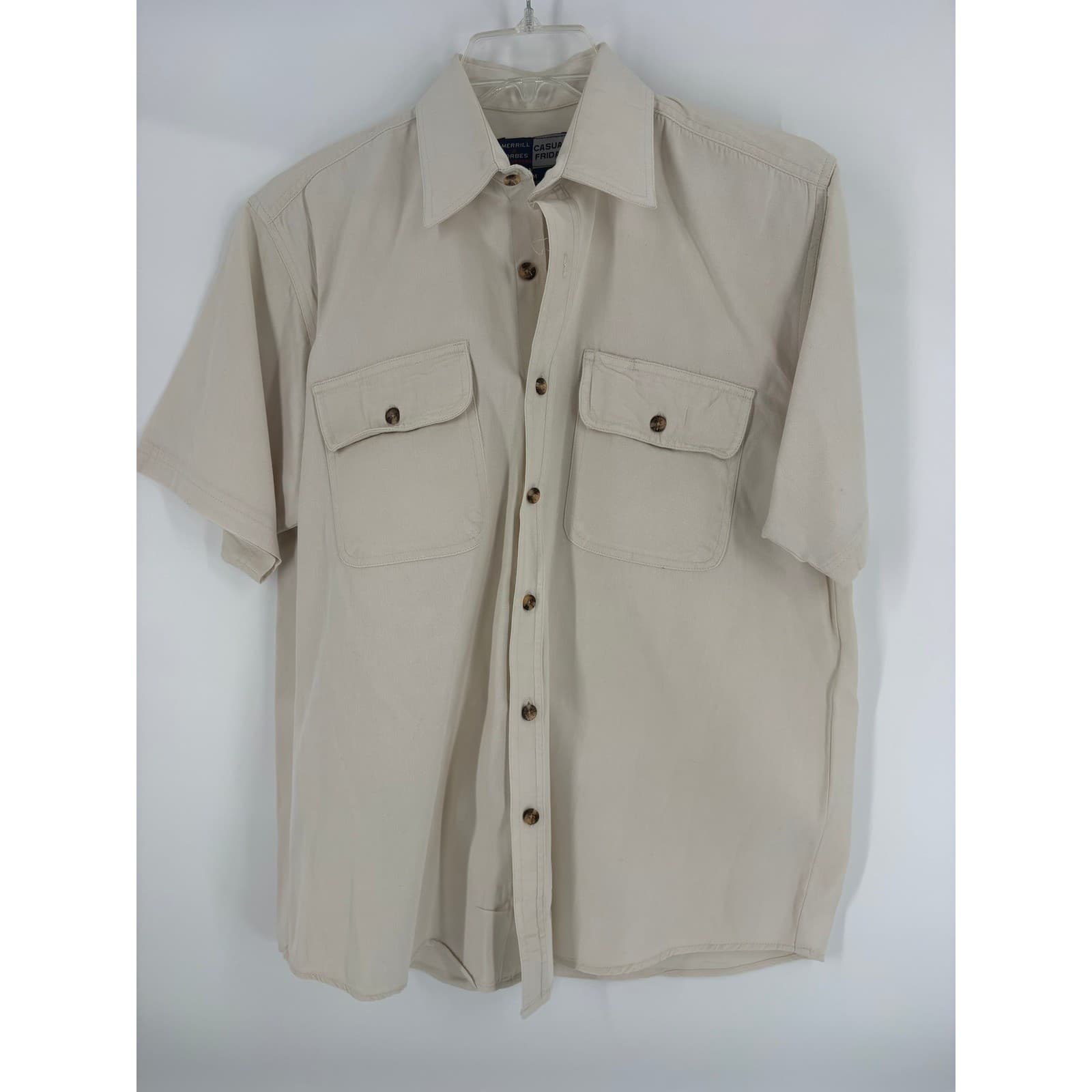 Merrill Forbes Casual Friday Mens M Beige 100% Cotton Short Sleeve Button Shirt