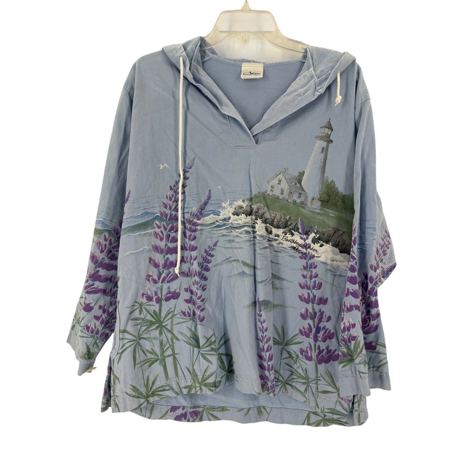 Artisans Sunschein Designs Hoodie Tunic Lighthouse Lupine Print Blue Cotton M