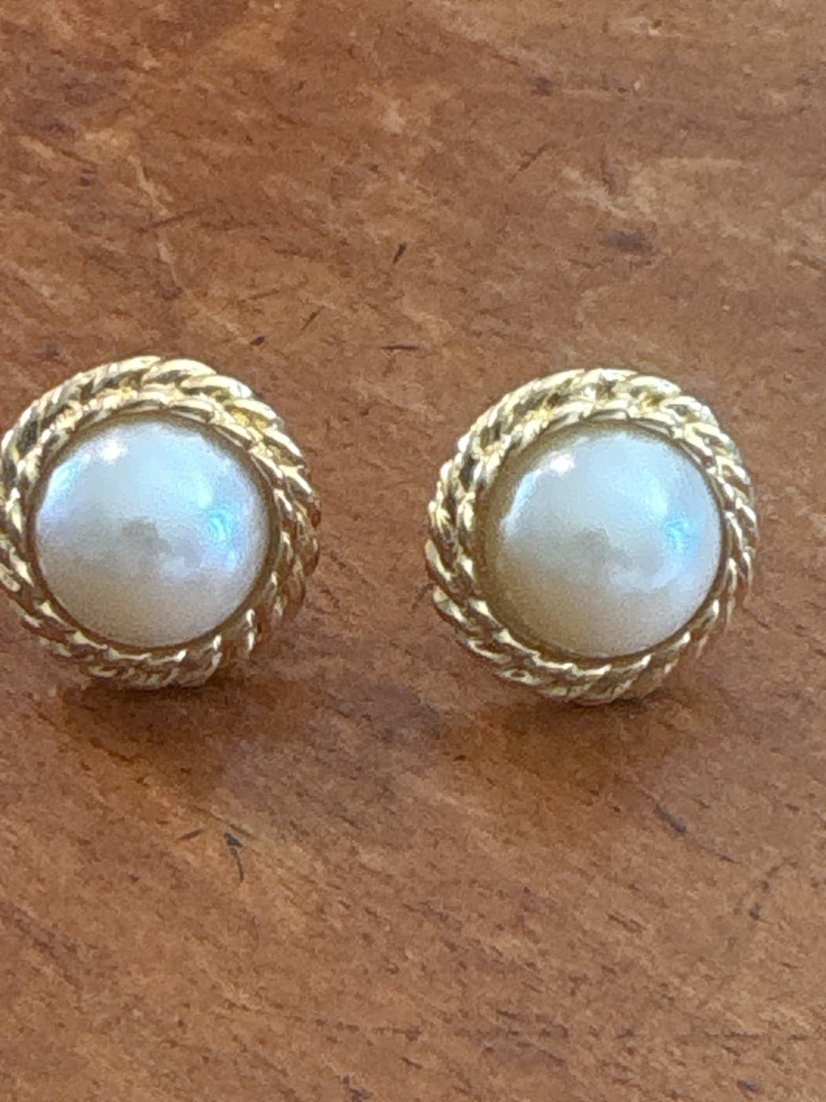 Monet Faux Pearl Stud Earrings Gold Tone Rope Edge Vintage Signed