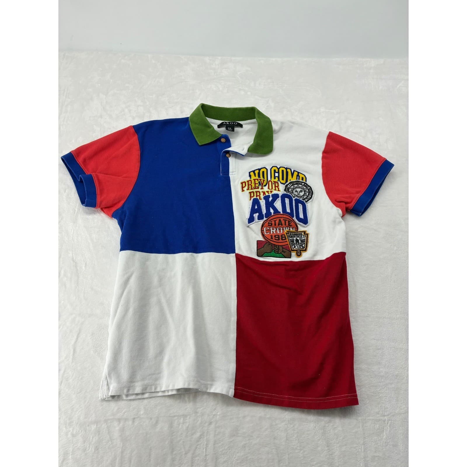 AKOO Polo Shirt Kids XL Polo Red White Blue Colorblock Graphic Patch Streetwear