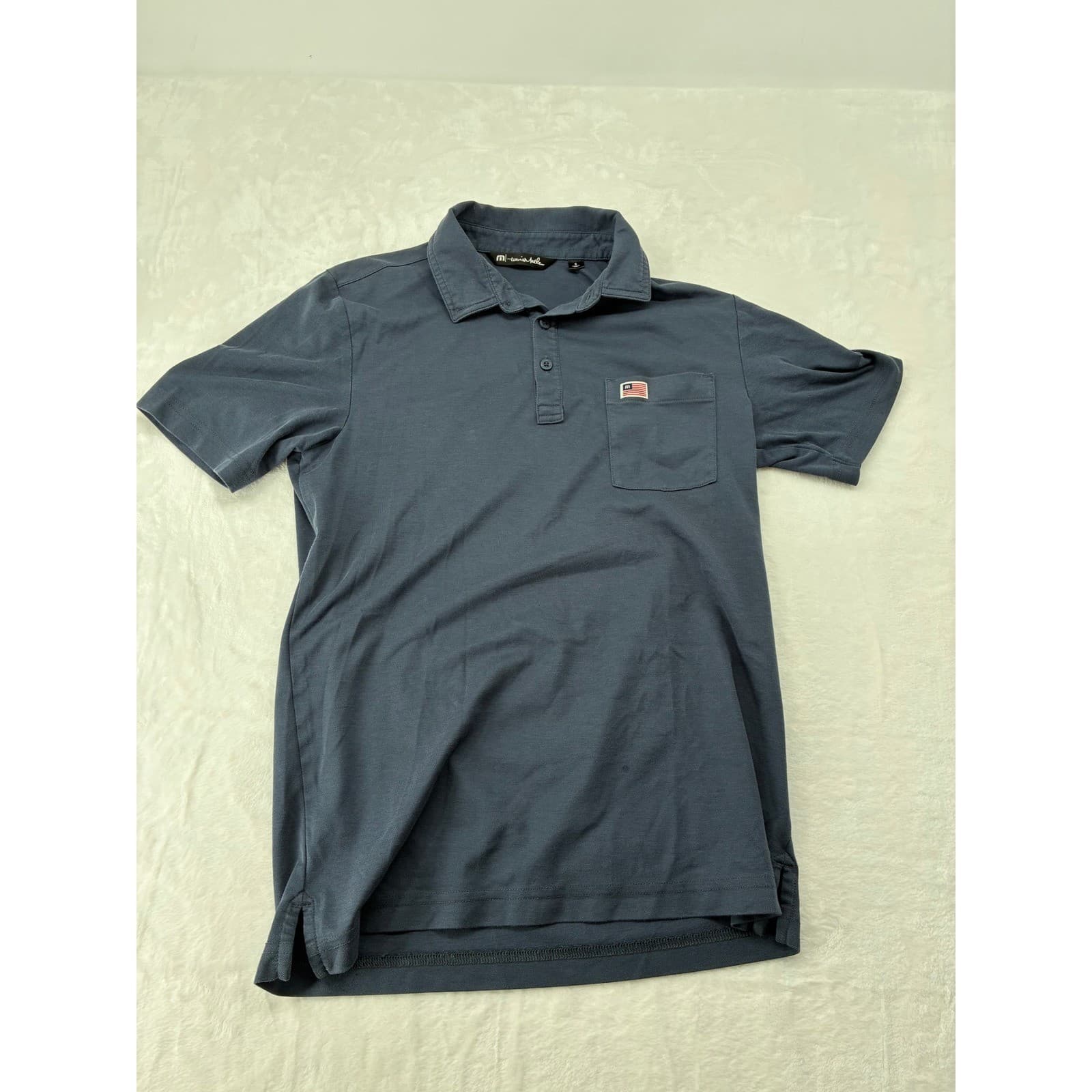 TravisMathew Polo Womens Small Polo Blue Pima Cotton Blend American Flag Pocket