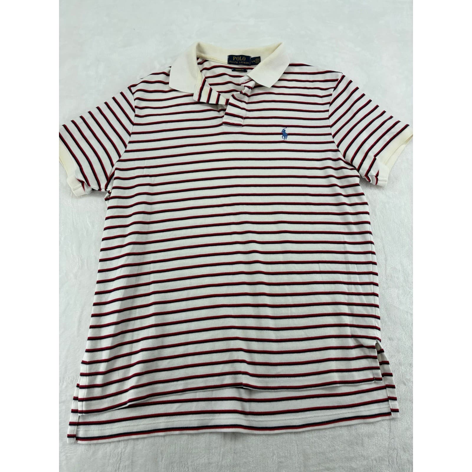 Polo Ralph Lauren Polo Mens L White Red Navy Striped Custom Fit Short Sleeve