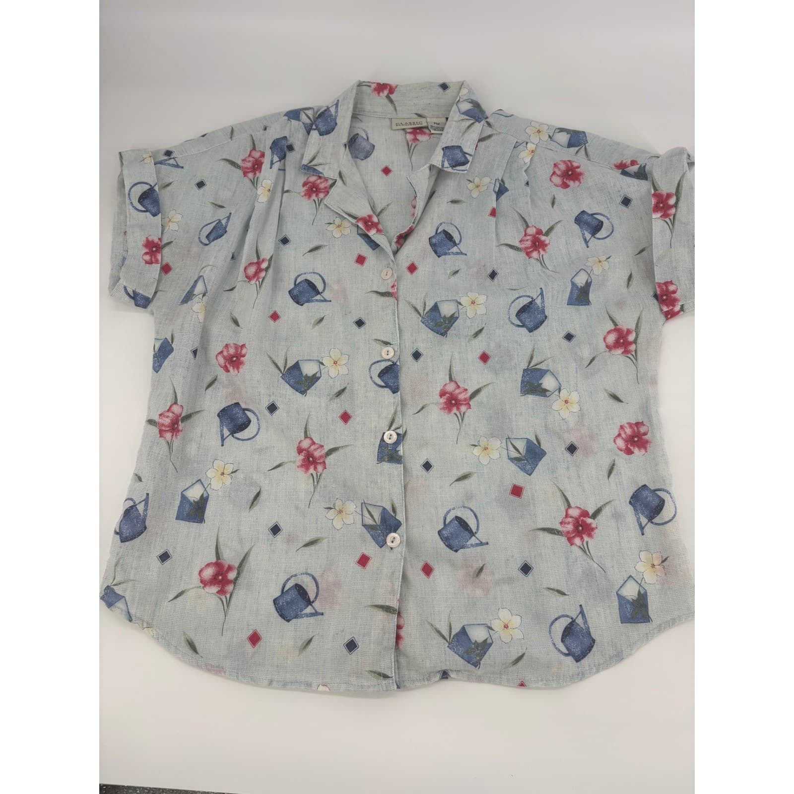Classic Elements Women's PM Blue Floral Watering Can Button Up Shirt