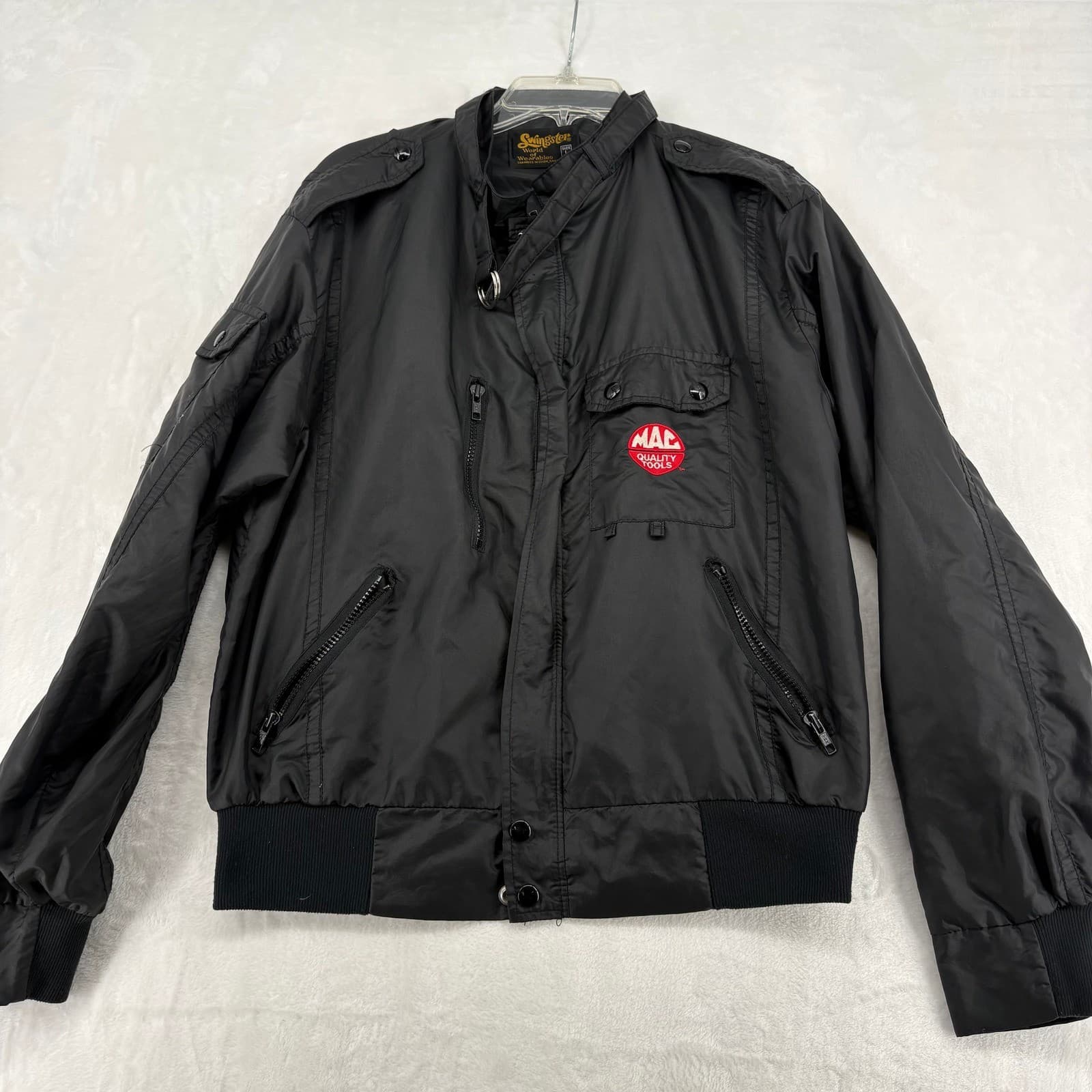 Swingster Bomber Jacket Mens Large Jacket Black Mac Tools Vintage Epaulets L