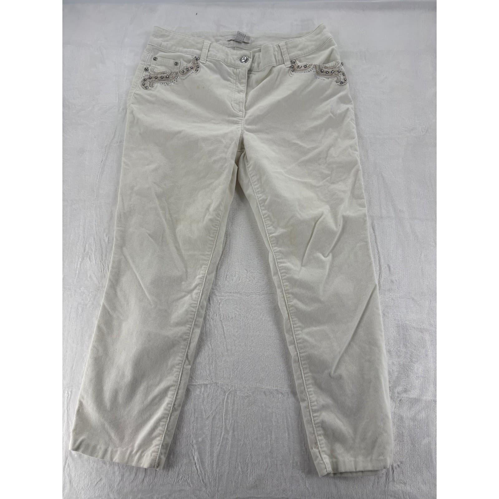 Chicos Corduroy Womens 2 Pants Off White Embellished Rhinestone Straight Leg