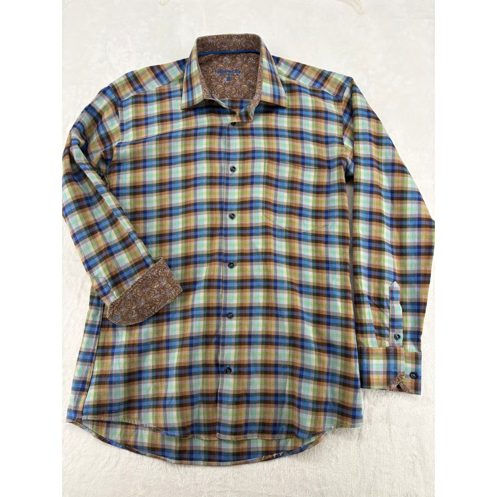 Marcello Sport Button Down Mens Size M Shirt Multicolor Plaid Paisley Trim