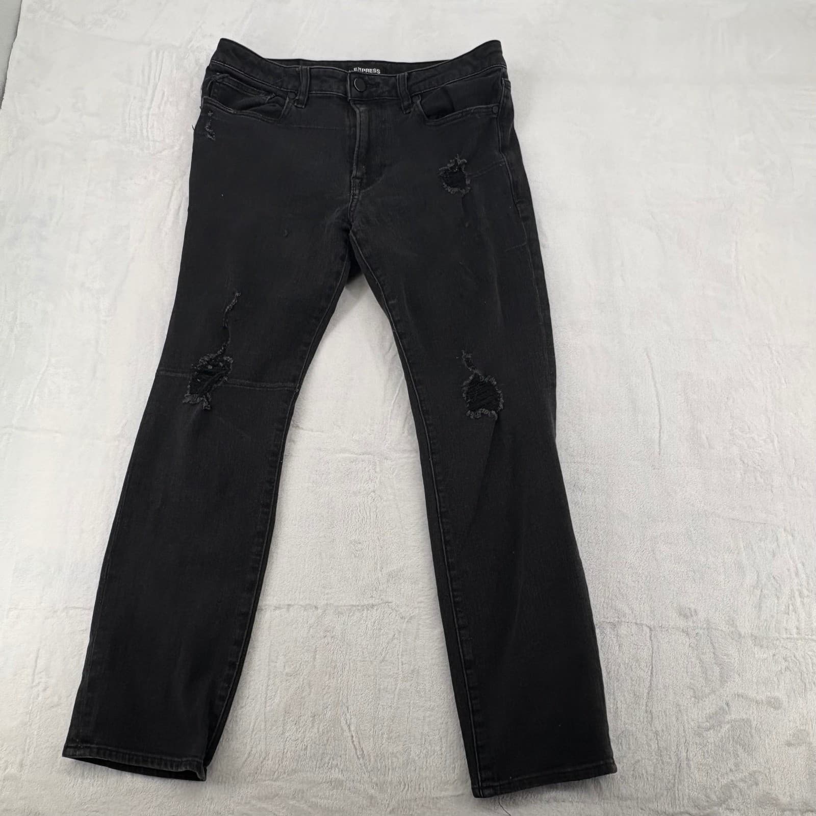 Express Jeans Mens 32x30 Slim Black 4-Way Hyper Stretch Distressed Denim