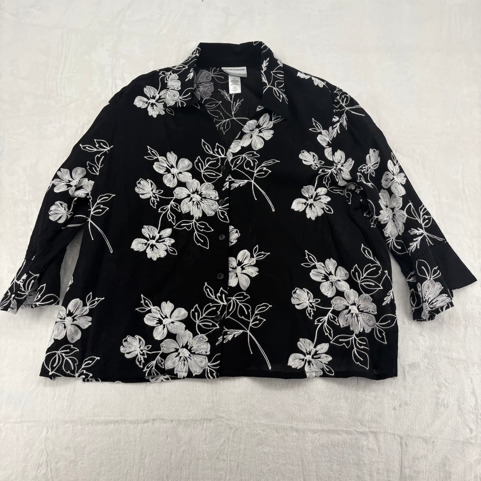 Alfred Dunner Blouse Womens PXL Shirt Black Floral Embroidered Cotton Petite XL