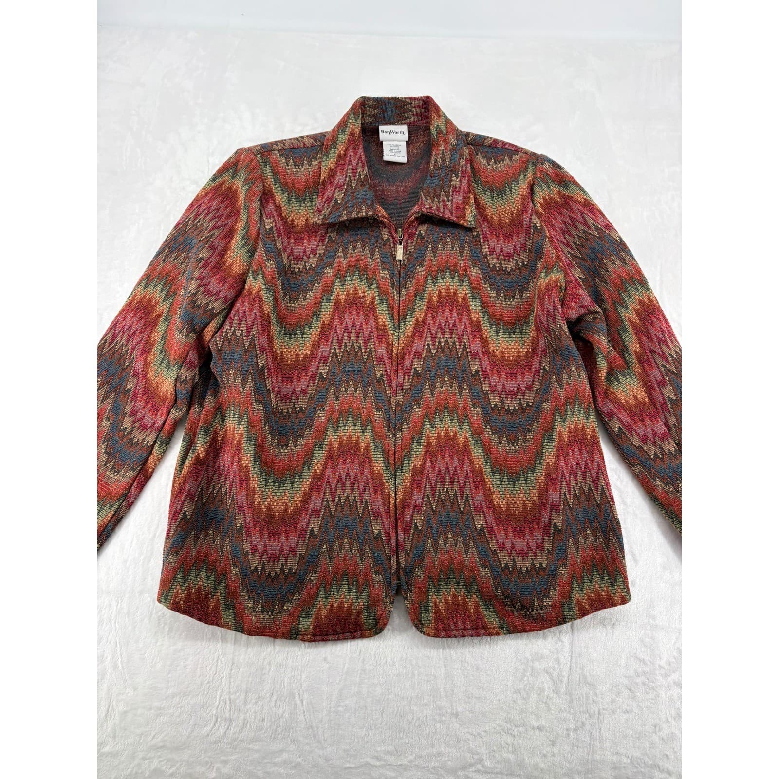 BonWorth Jacket Womens L Zip Up Multicolor Chevron Zigzag Tapestry Red Green