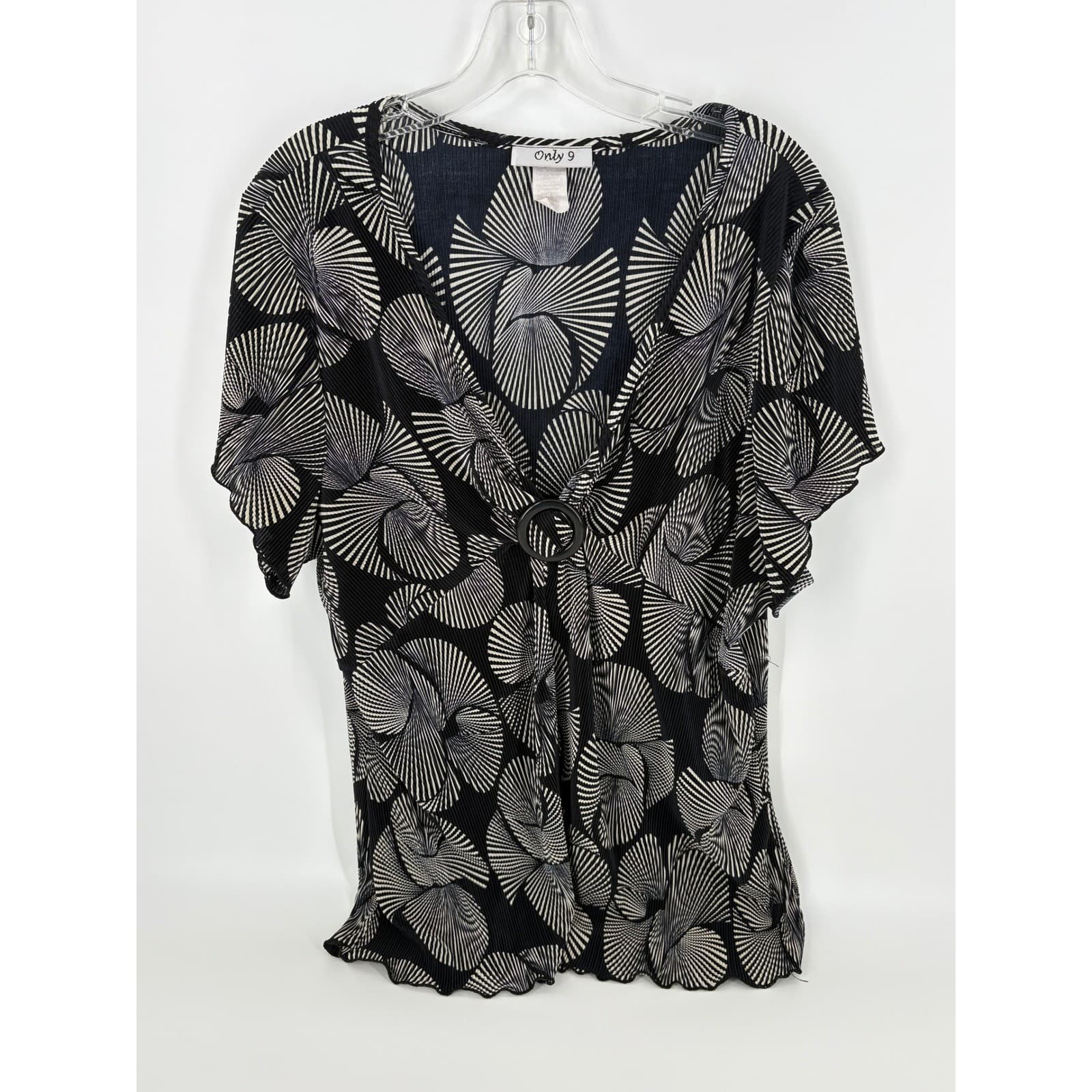 Only 9 Black Beige Abstract Print Short Sleeve Blouse Top