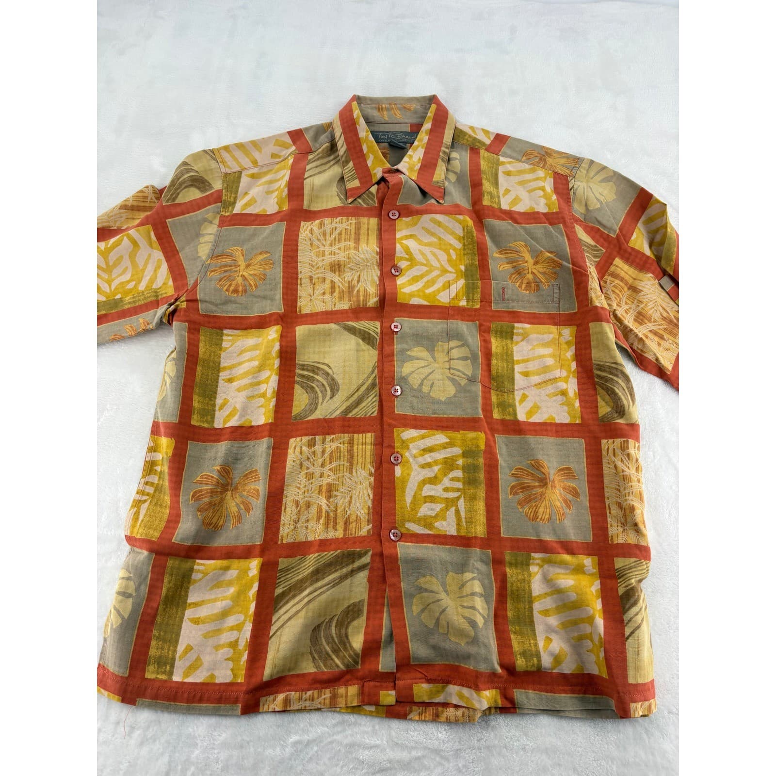 Tori Richard Hawaiian Shirt Mens Large Button Up Orange Silk Tropical Floral