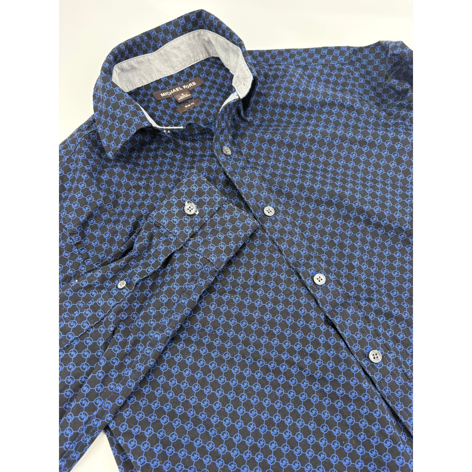 Michael Kors Men's Slim Fit Button Down Shirt Blue MK Monogram Size S