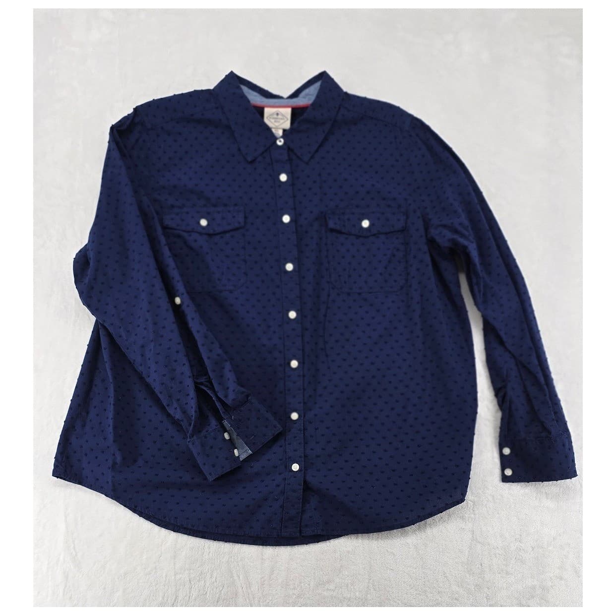 St. John's Bay Shirt Women's PXL Button Down Navy Blue Dot Cotton Long Sleeve