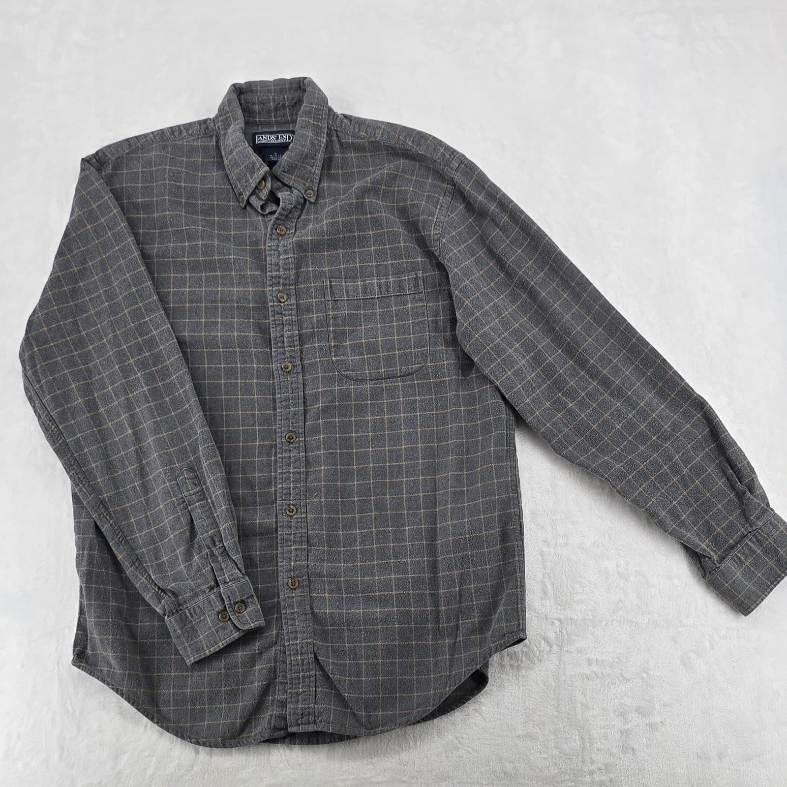 Lands End Button Down Womens M Shirt Grey Plaid Flannel Long Sleeve