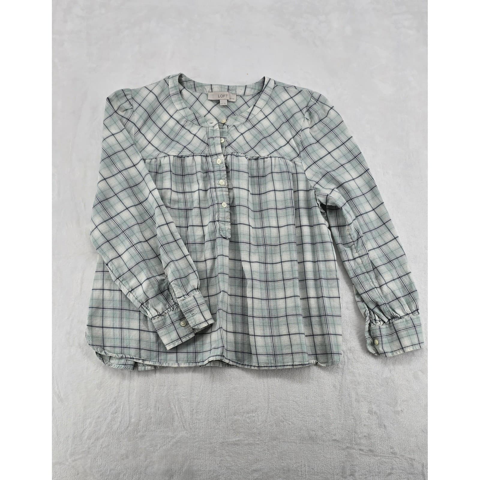 Loft Blouse Womens XLP Top Green Plaid Cotton Pleated Yoke Long Sleeve 6532