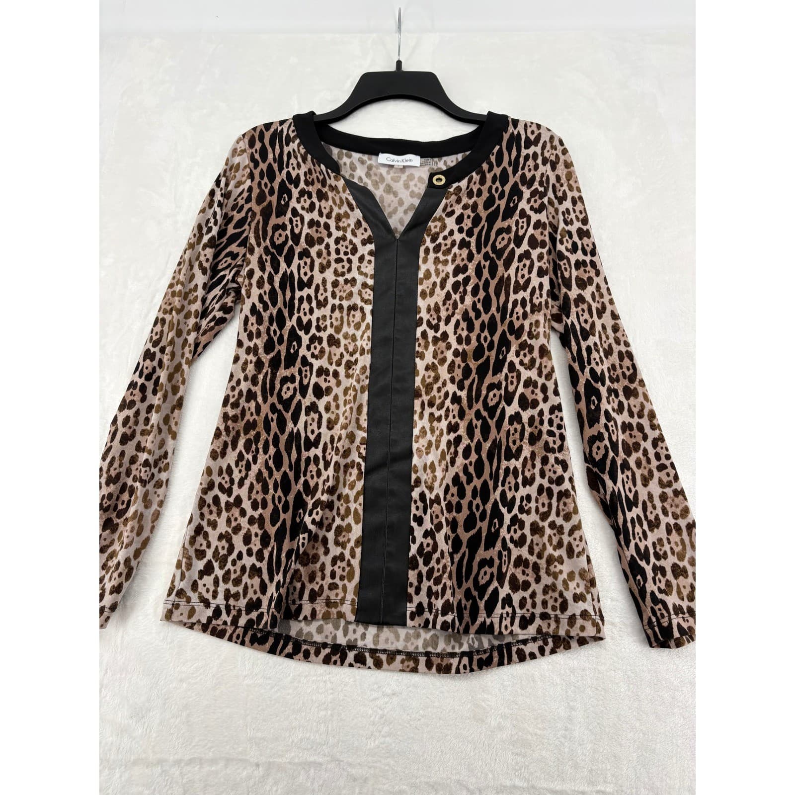 Calvin Klein Top Womens M Blouse Brown Leopard Split Neck Faux Leather Trim